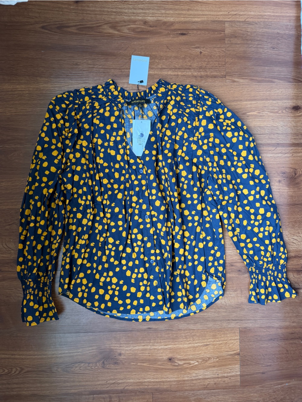 Sugarlips Navy Blouse with Yellow Dot Print